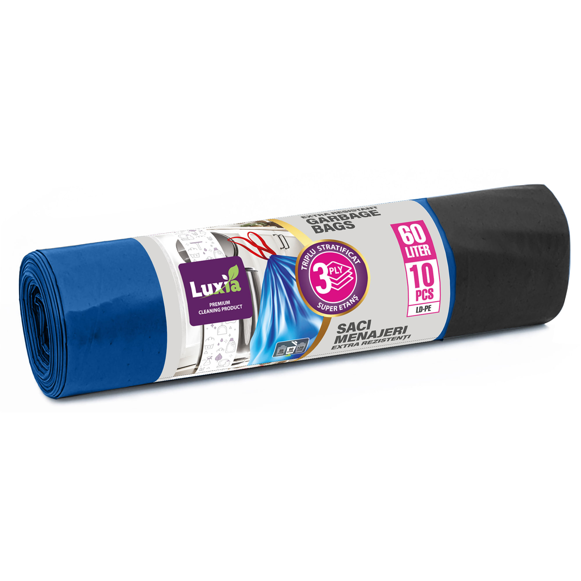 Saci menajeri cu snur Luxia 60 litri 10 buc/rola LDPE albastri