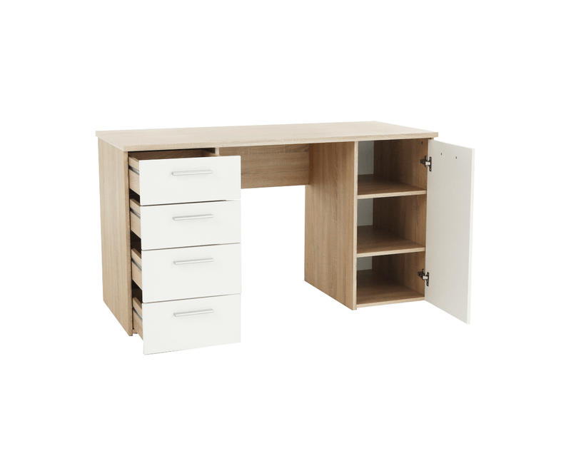 Schiță-tehnică-birou-stejar-sonoma-alb-cu-dulap-și-sertare-137x60x763-cm