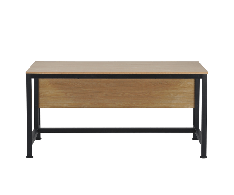 Birou-modern-cu-blat-MDF-decor-stejar-și-structură-metalică-neagră-vedere-din-față