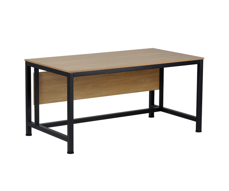 Birou-industrial-150x80-cm-cu-picioare-metalice-negre-și-blat-laminat-stejar-vedere-laterală