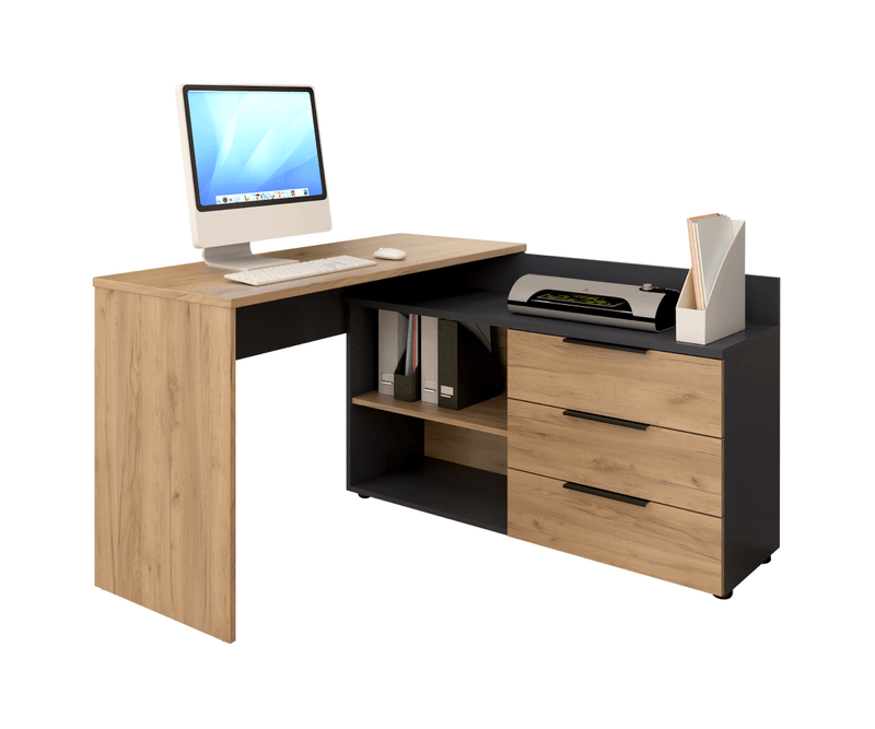 Birou-de-colț-grafit-stejar-artisan-cu-sertare-și-polițe-utilizat-pentru-PC