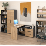 Masă-de-colț-pentru-PC-grafit-stejar-artisan-potrivită-pentru-home-office-amplasată-intr-o-cameră-amenajată