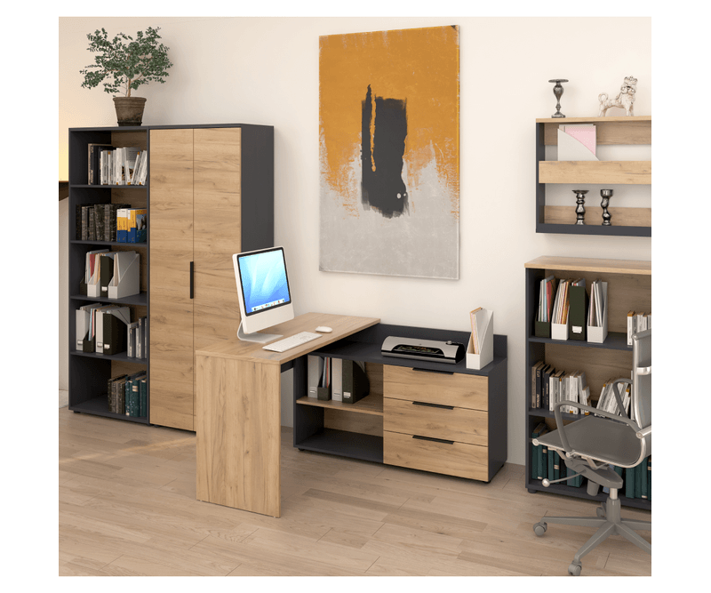 Masă-de-colț-pentru-PC-grafit-stejar-artisan-potrivită-pentru-home-office-amplasată-intr-o-cameră-amenajată