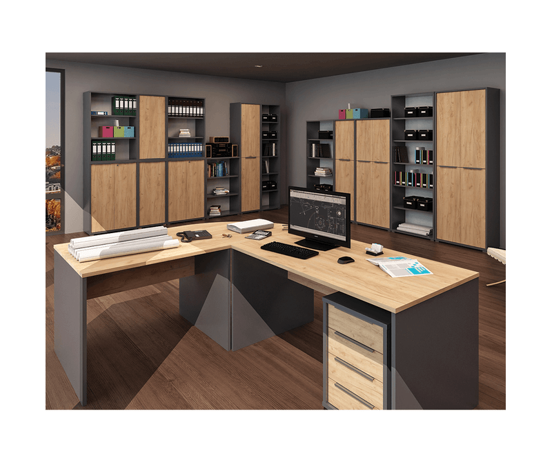 Birou-gri-antracit-cu-blat-stejar-artisan-integrat-intr-un-birou-modern