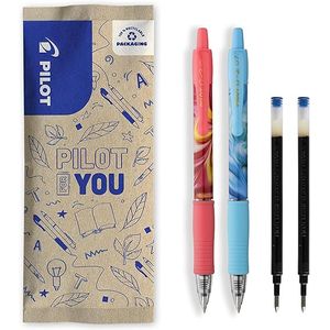 Flow pack 2 rollere cu gel Pilot G2 Flow albastru si roz 0.7 mm + 2 rezerve albastre