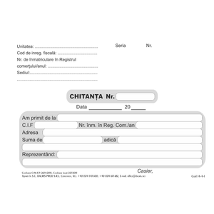 Chitanta A6, 2 exemplare, hartie autocopiativa, 50 seturi/carnet