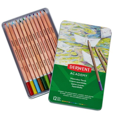 Creioane acuarela Derwent Academy cutie metalica 12 buc/set culoare superioara