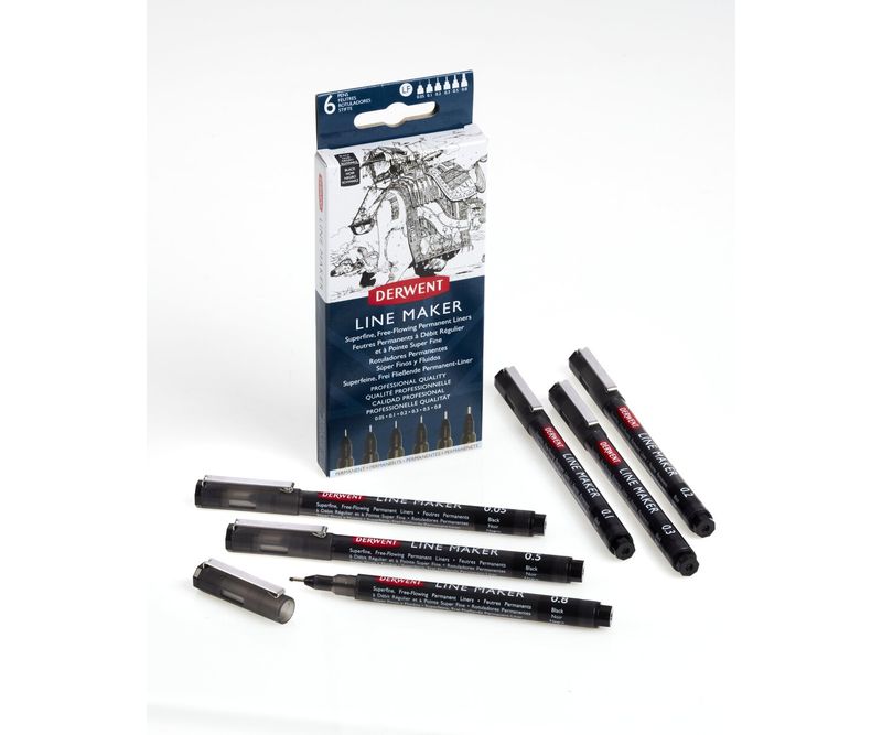 Set-6-linere-Derwent-Professional-dimensiuni-diferite-varf-subtire-si-uscare-rapida-calitate-premium-negru