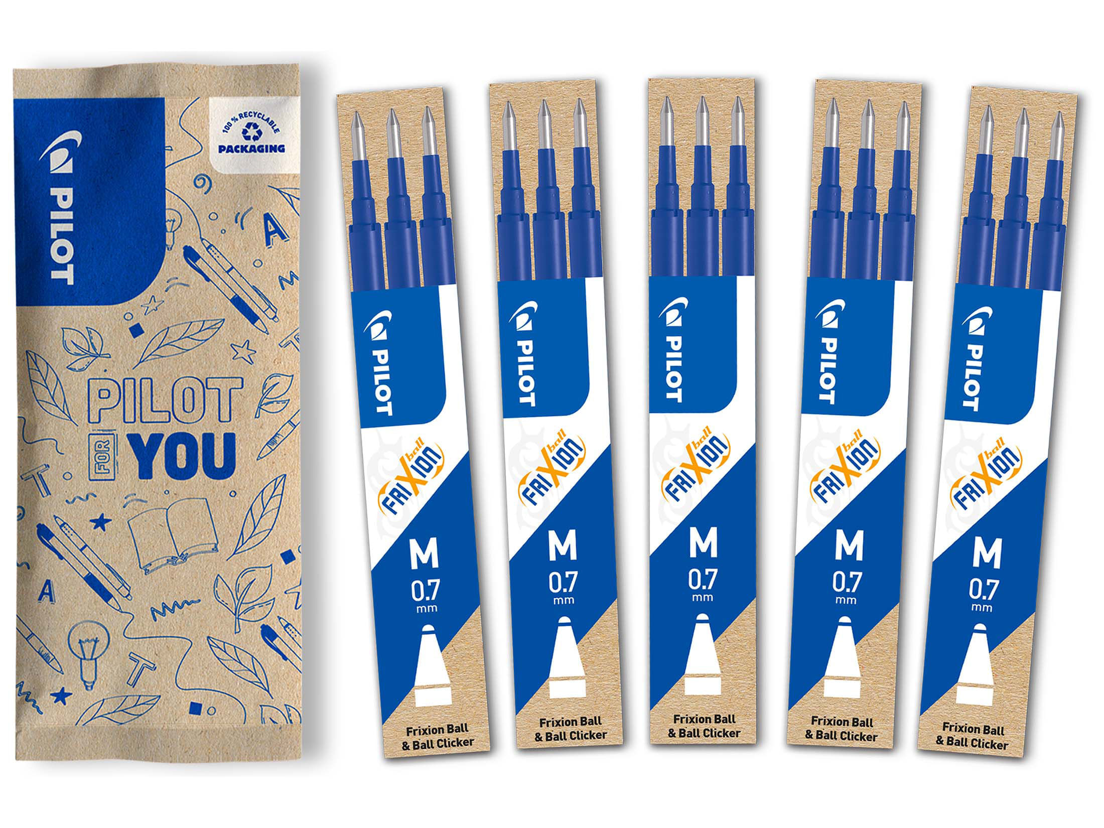 Set flow pack 15 rezerve roller Pilot Frixion Ball albastre 0.7 mm