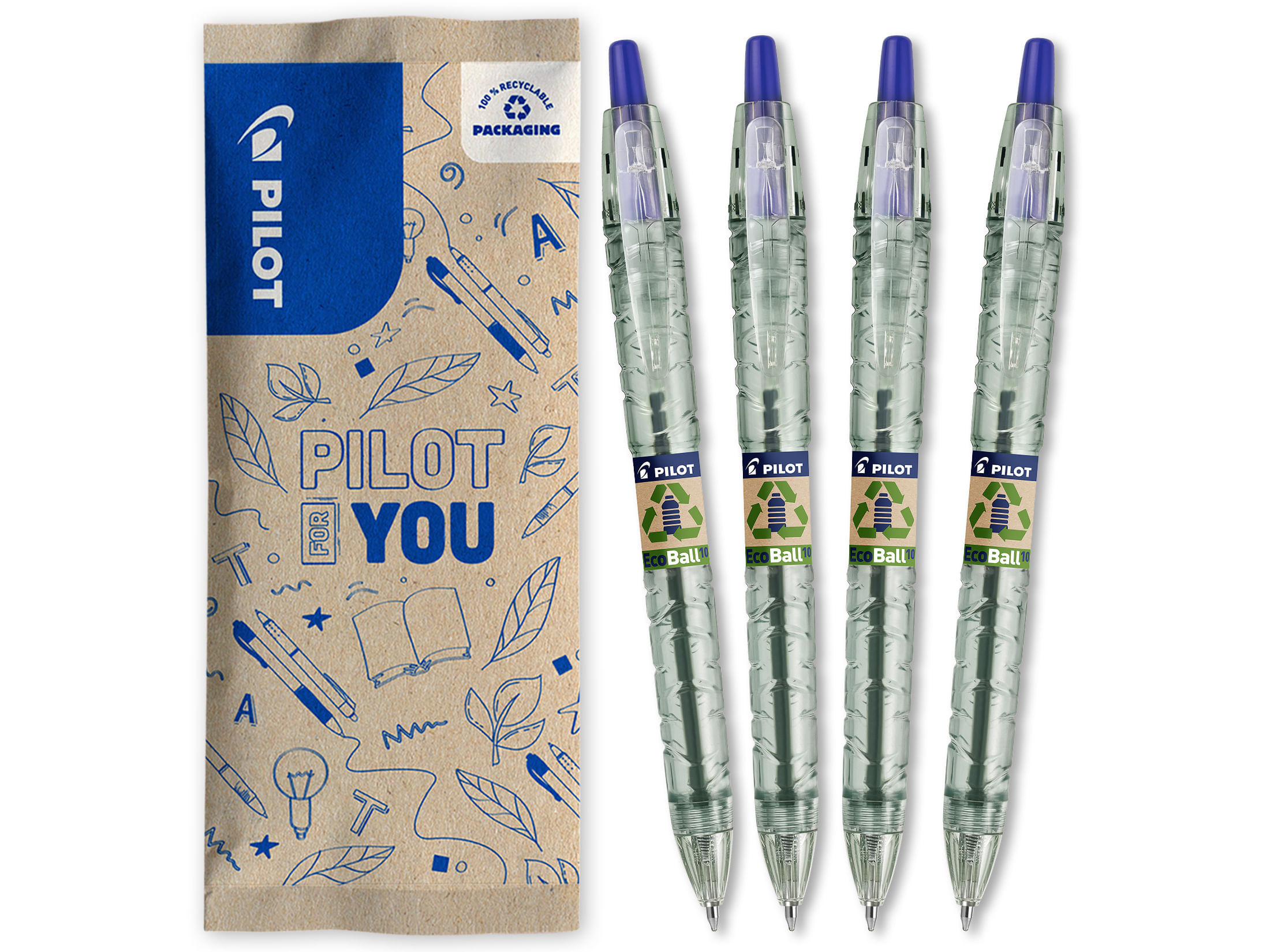 Set flow pack 4 pixuri Pilot B2P Ecoball albastre 1.0 mm cu click