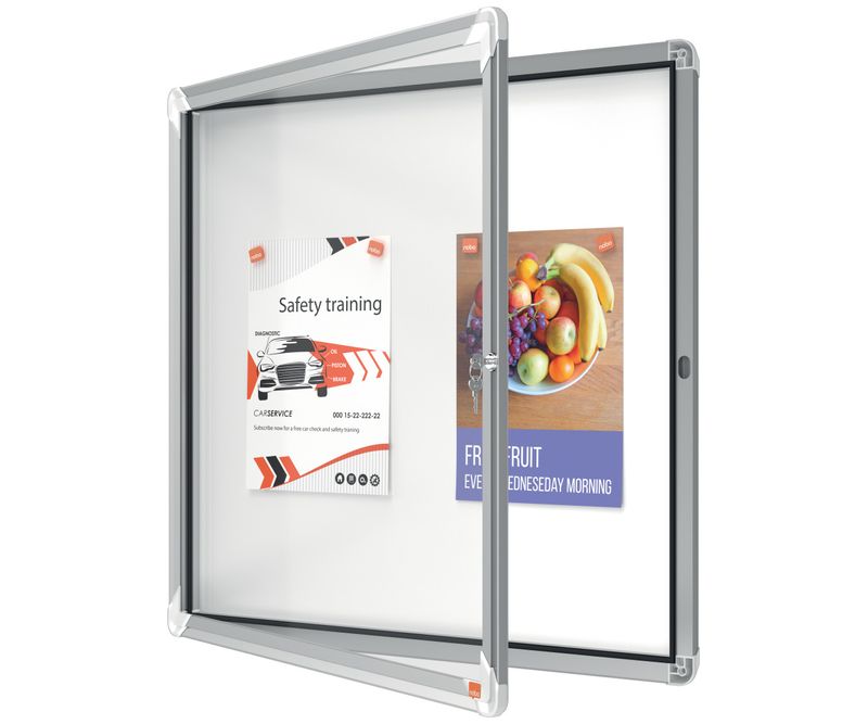 Avizier-NOBO-Premium-Plus-interior-otel-emailat-6x-A4-cu-usa-si-cheie-magnetic-alb