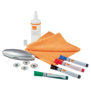 Kit pentru tabla NOBO din sticla, 4 markere, burete magnetic, laveta microfibra, spray curatare 250 ml, 4 magneti