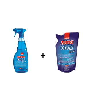 Pachet detergent geamuri Sano Clear Blue 1l + Rezerva soluție 750 ml Sano Clear Blue Refill